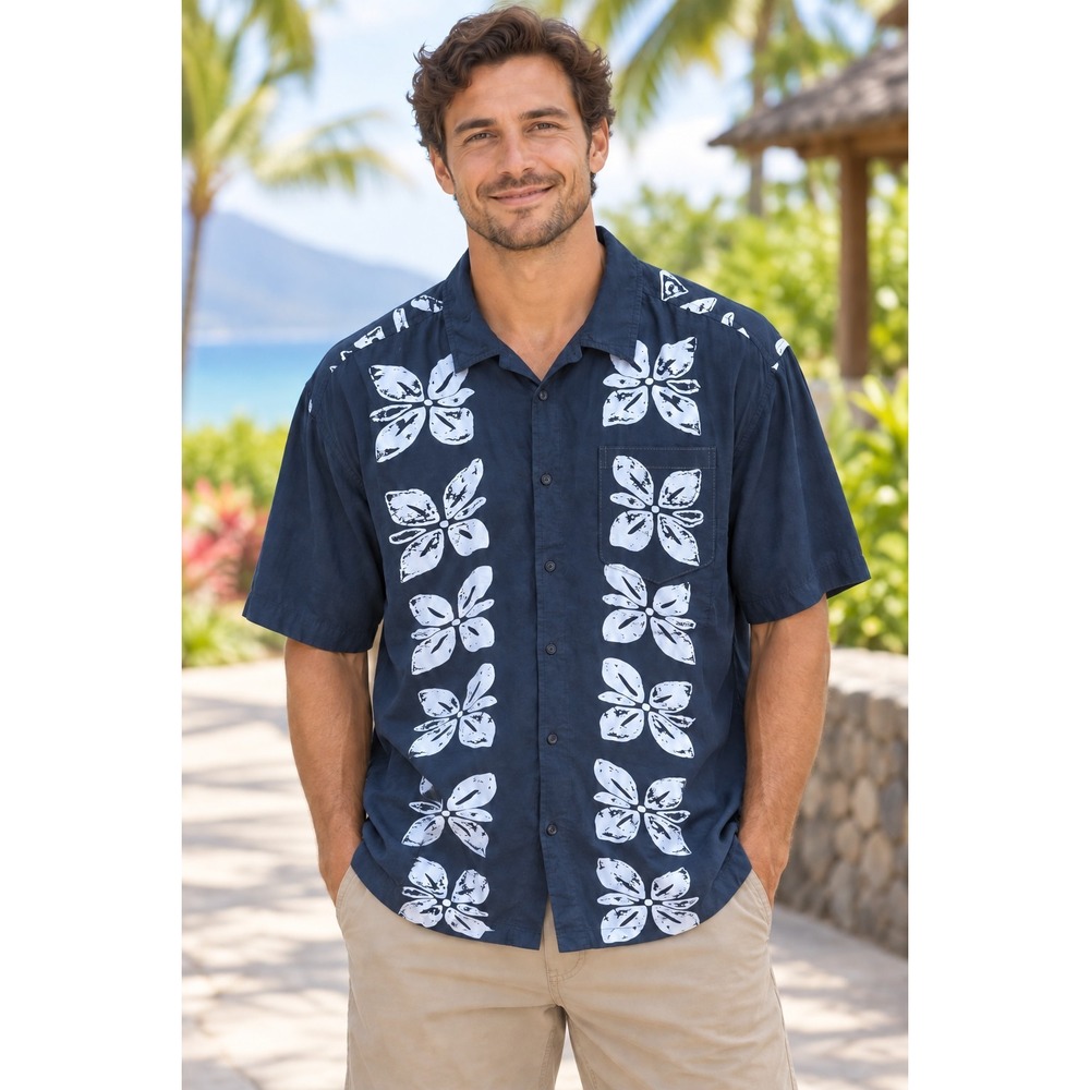 Vintage Unionbay Men's XL Navy Reverse Print Floral Hawaiian Button-Up Shirt